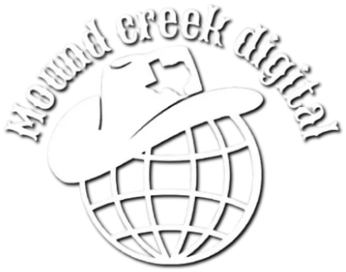 Mound Creek Digital logo: a cowboy hat with a Texas outline resting on a globe